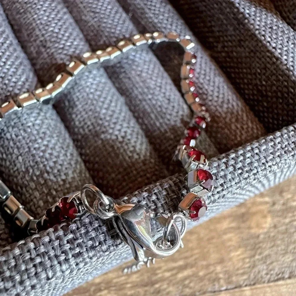 Dark Red Garnet Colored CZ Stainless Steel Tennis Bracelet January Birthstone - Picture 3 of 4